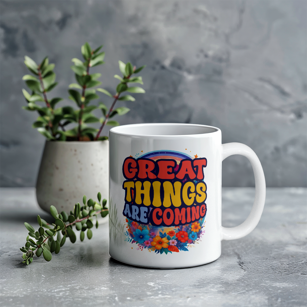 Great Things Are Coming With Flowers & Rainbow White Ceramic Mug