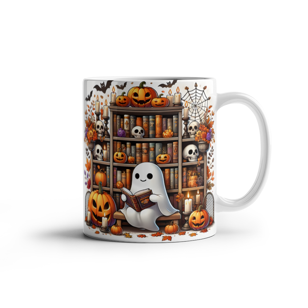 Halloween Spooky Ghost Reading Books 11 oz White Mug