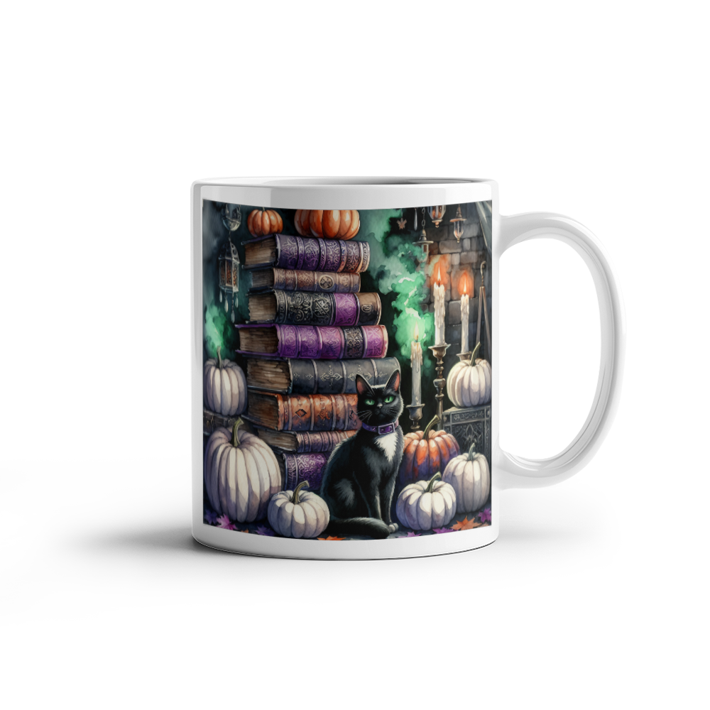 Halloween Black Cat With Witchy Spell Books 11 oz White Mug