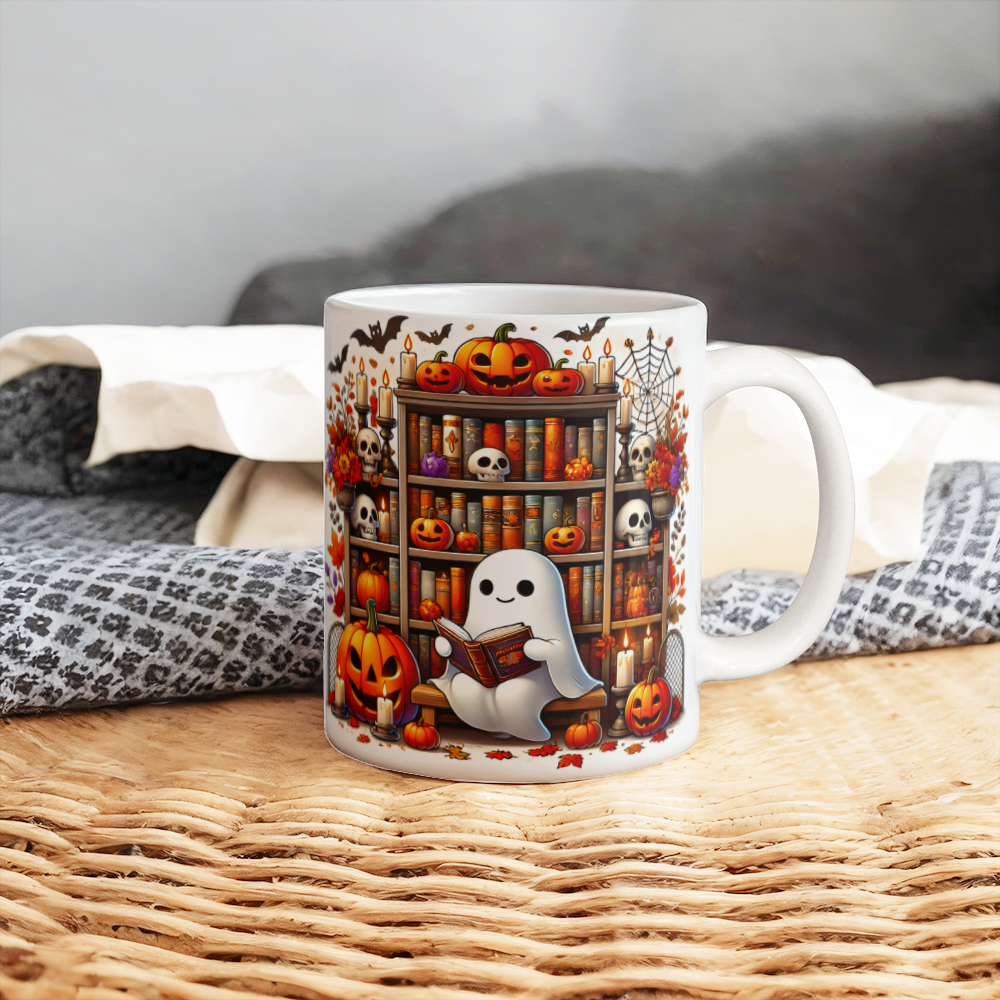 Halloween Spooky Ghost Reading Books 11 oz White Mug