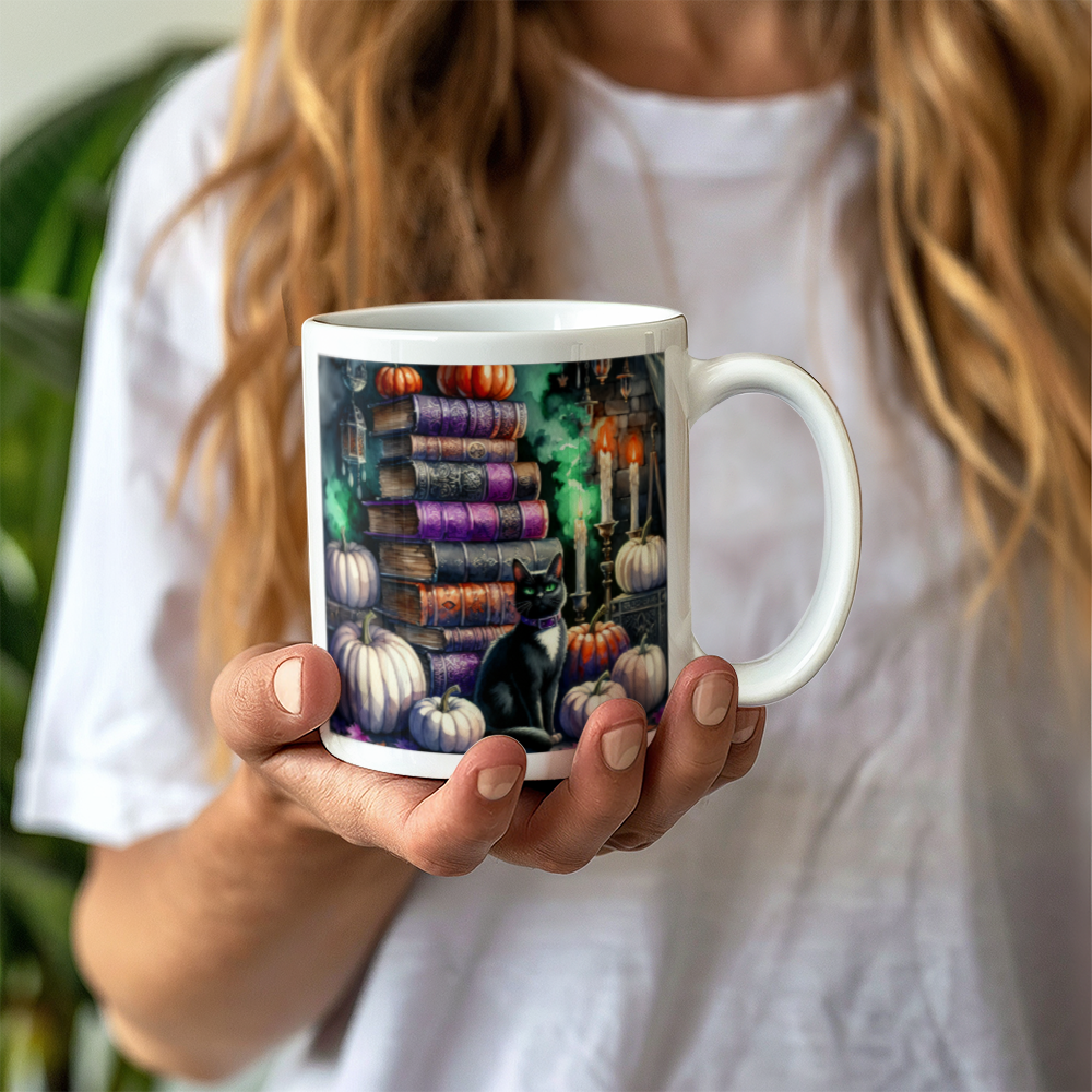 Halloween Black Cat With Witchy Spell Books 11 oz White Mug