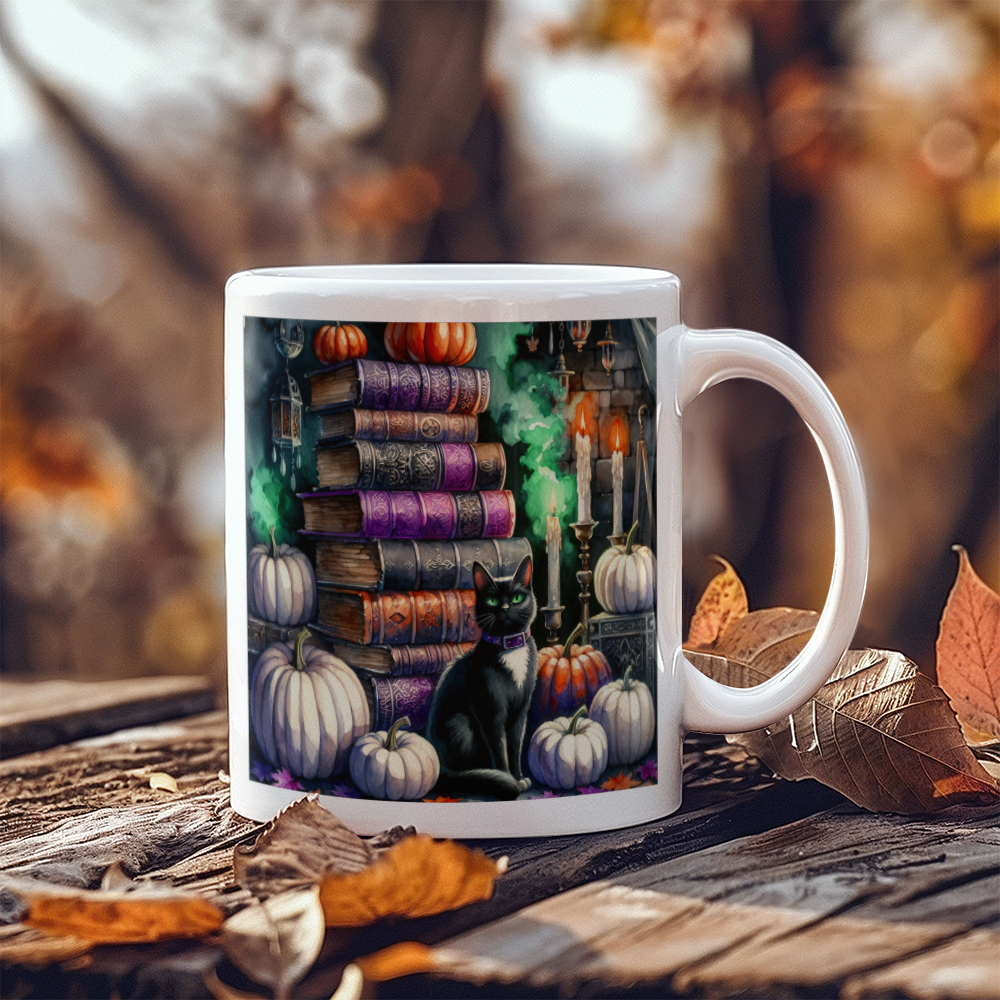 Halloween Black Cat With Witchy Spell Books 11 oz White Mug