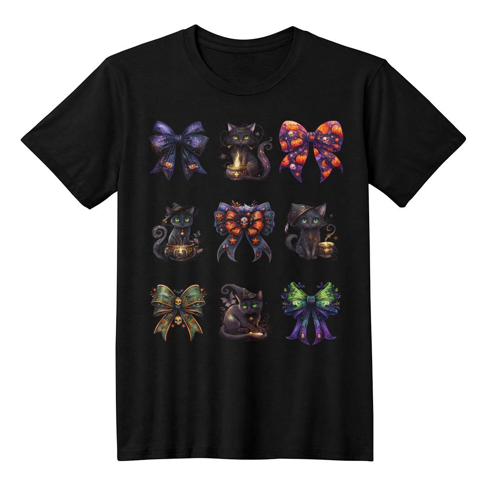 Unique Halloween Black Cat Spooky Bows Set #3 T-Shirt - Exclusive Witchy Cat Designs, No Two Alike!