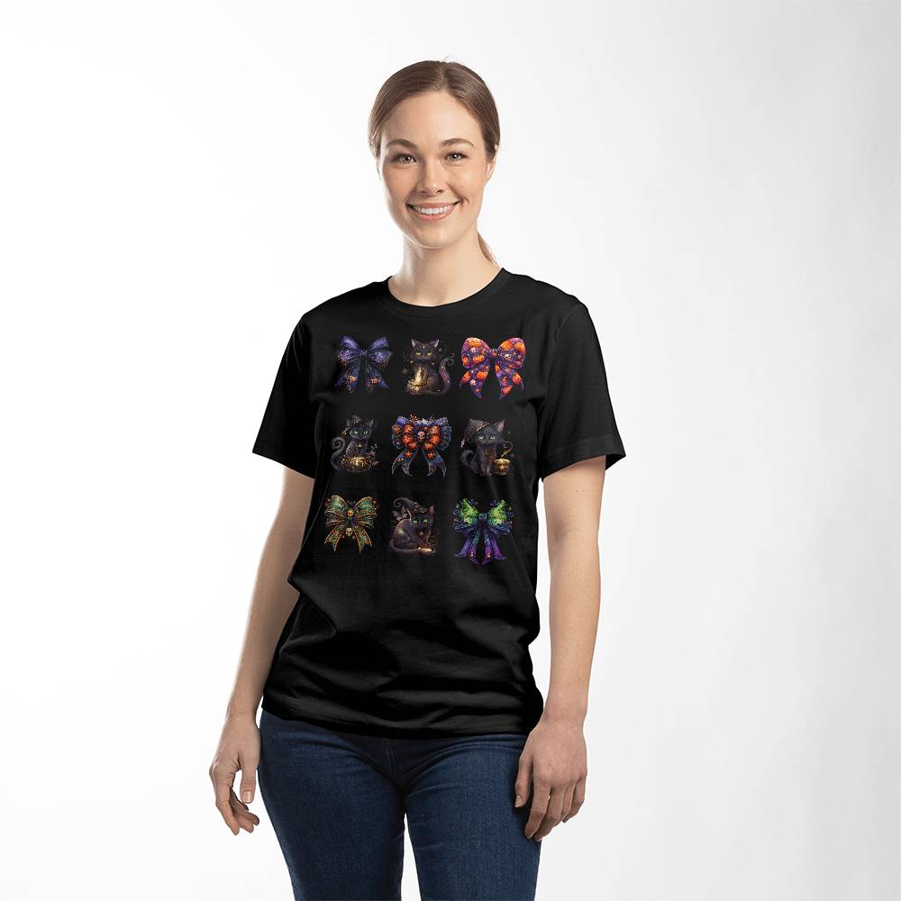 Unique Halloween Black Cat Spooky Bows Set #3 T-Shirt - Exclusive Witchy Cat Designs, No Two Alike!