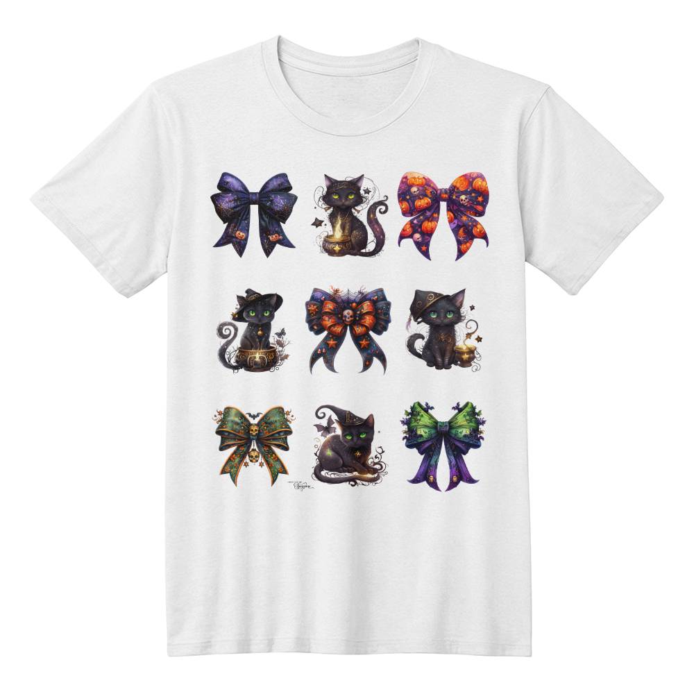 Unique Halloween Black Cat Spooky Bows Set #3 T-Shirt - Exclusive Witchy Cat Designs, No Two Alike!