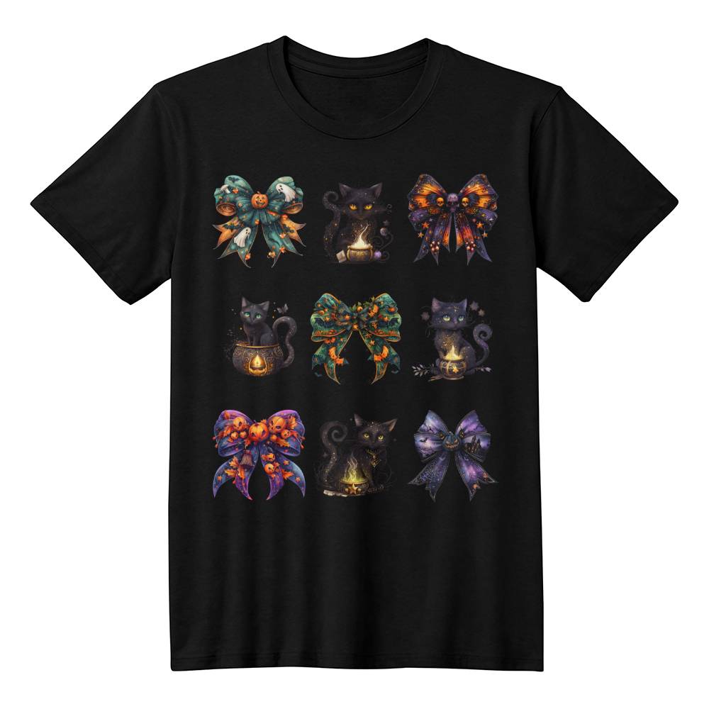 Exclusive Halloween Black Cats and Spooky Bows Set #4 T-Shirt – Unique Witchy Cat Designs, Perfect for Halloween Vibes!