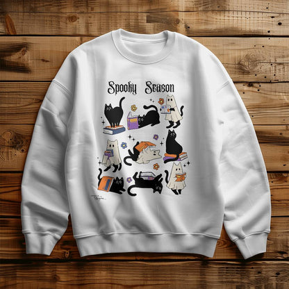 Halloween Black Cat Ghosts Books Spooky Season White Sweatshirt