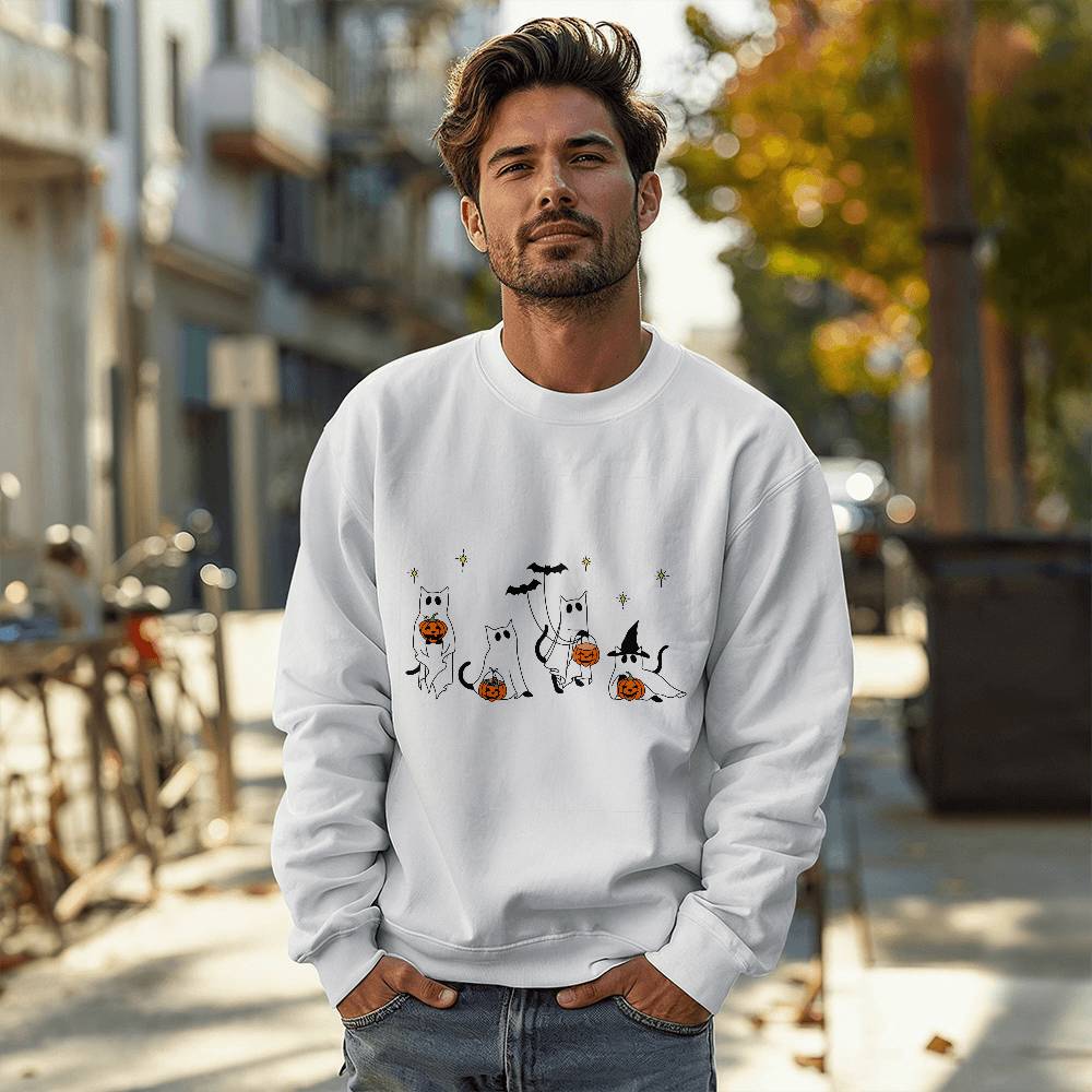 Halloween Ghost Cats Unisex Crewneck Sweatshirt With Front Print