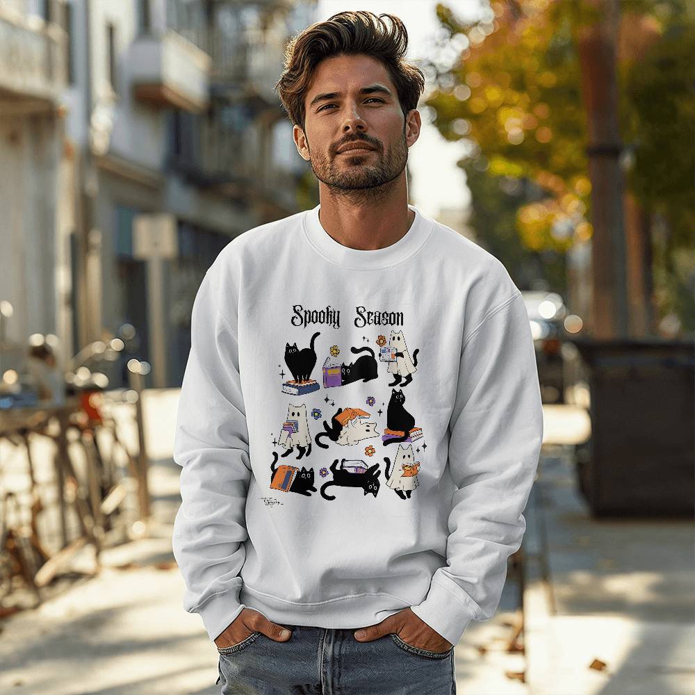 Halloween Black Cat Ghosts Books Spooky Season White Sweatshirt