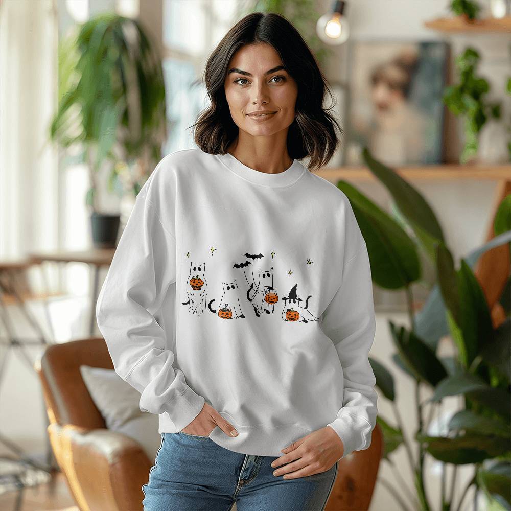 Halloween Ghost Cats Unisex Crewneck Sweatshirt With Front Print