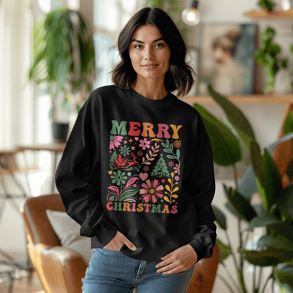 Merry Christmas Boho Floral Holiday Sweatshirt