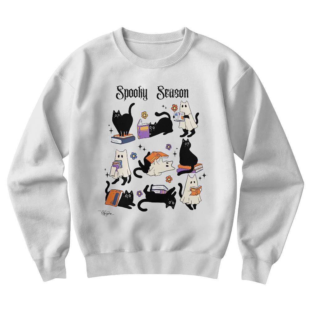 Halloween Black Cat Ghosts Books Spooky Season White Sweatshirt