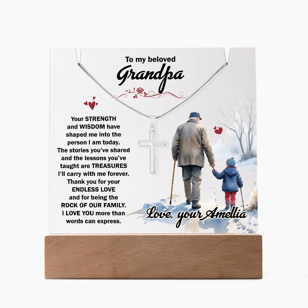 To My Beloved Grandpa personalized keepsake acrylic bundle with cross necklace