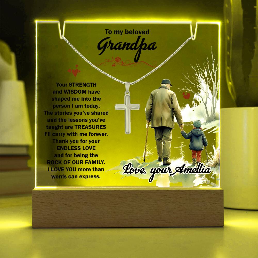 To My Beloved Grandpa personalized keepsake acrylic bundle with cross necklace