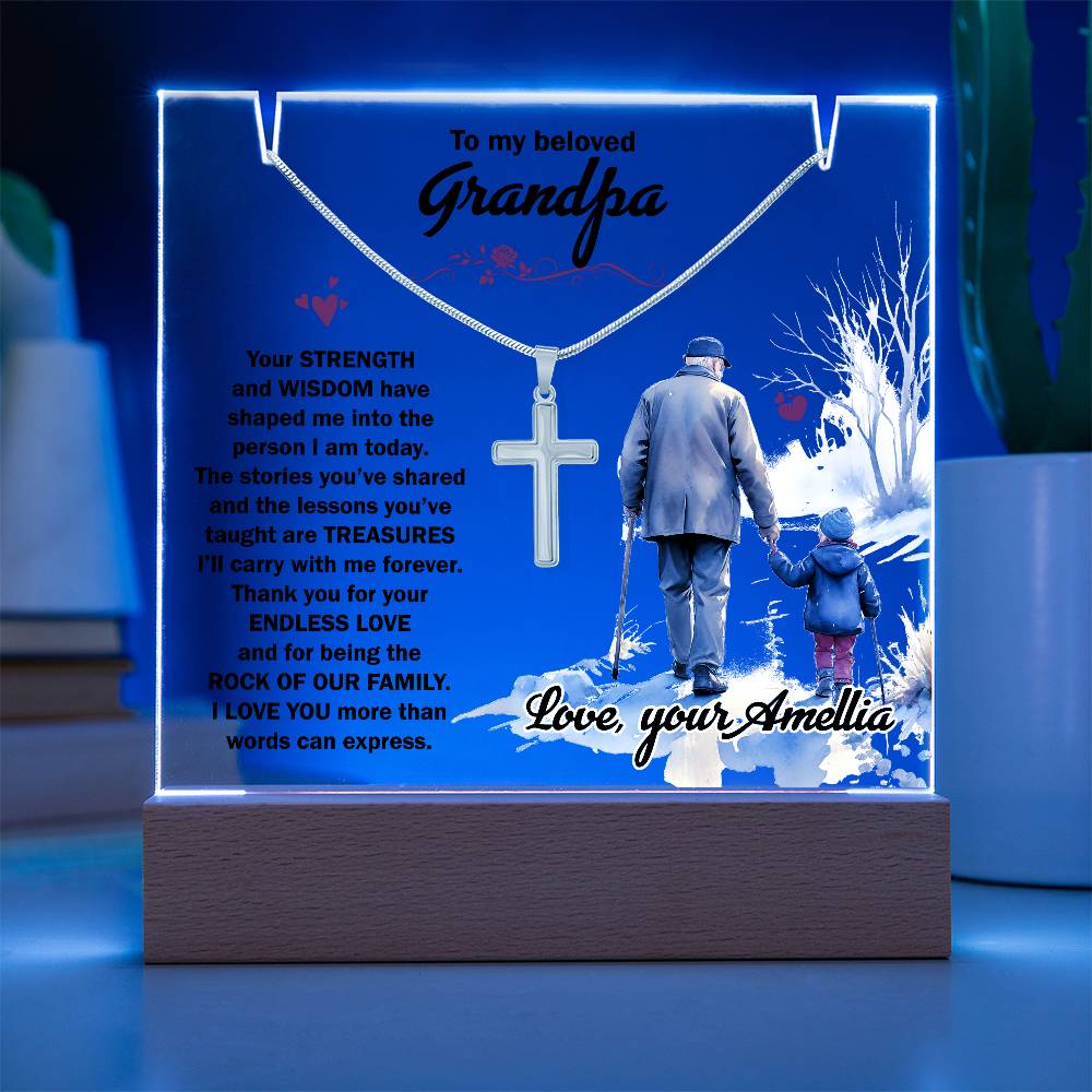 To My Beloved Grandpa personalized keepsake acrylic bundle with cross necklace