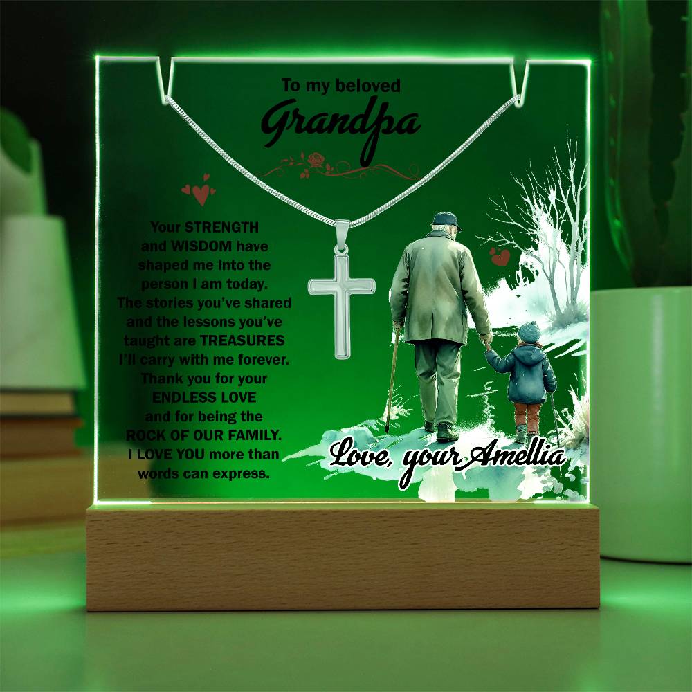 To My Beloved Grandpa personalized keepsake acrylic bundle with cross necklace