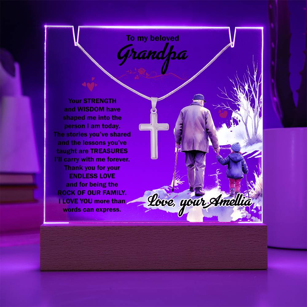 To My Beloved Grandpa personalized keepsake acrylic bundle with cross necklace