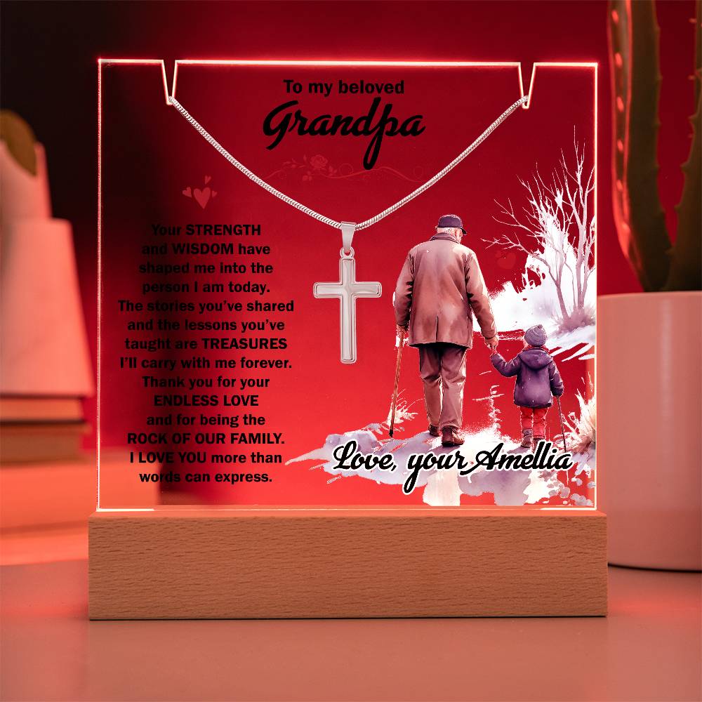 To My Beloved Grandpa personalized keepsake acrylic bundle with cross necklace