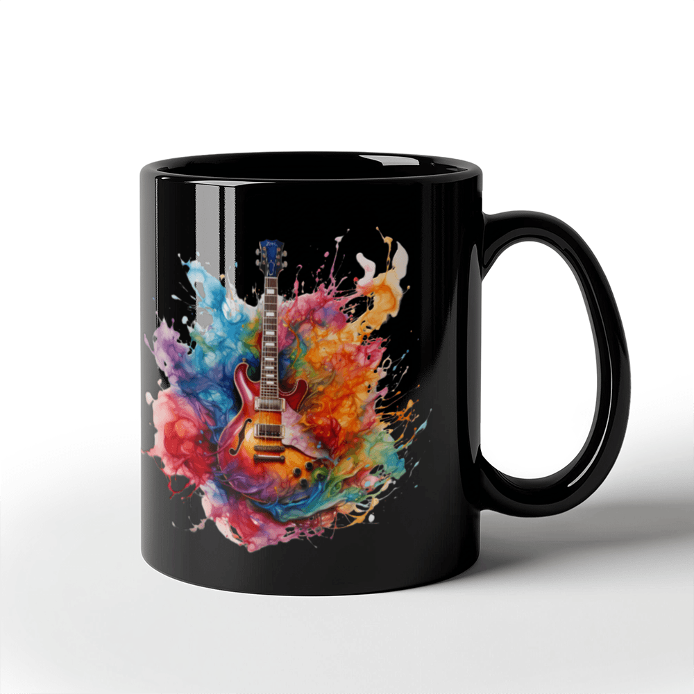 Vibrant Guitar Art 11oz Black Ceramic Mug – A Must-Have for Music Lovers