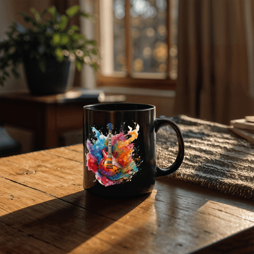 Vibrant Guitar Art 11oz Black Ceramic Mug – A Must-Have for Music Lovers