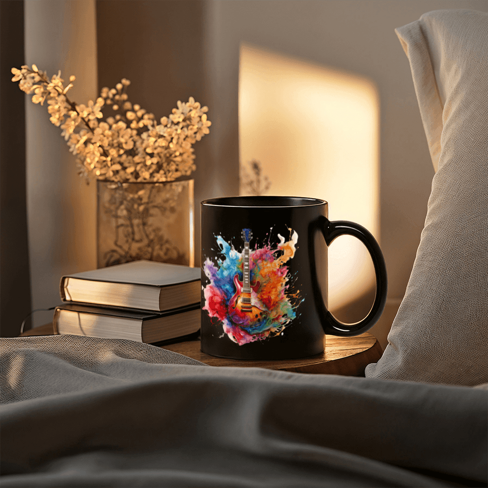 Vibrant Guitar Art 11oz Black Ceramic Mug – A Must-Have for Music Lovers