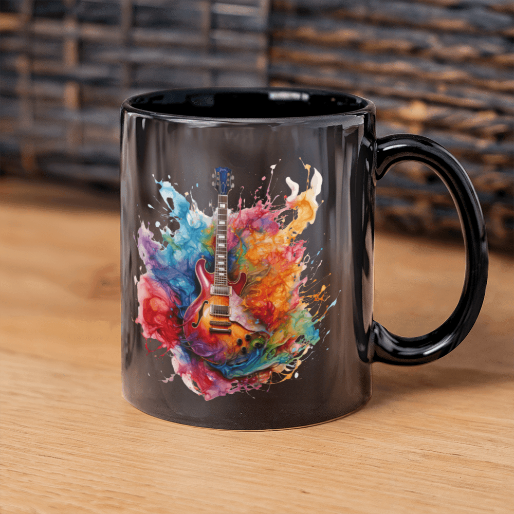 Vibrant Guitar Art 11oz Black Ceramic Mug – A Must-Have for Music Lovers