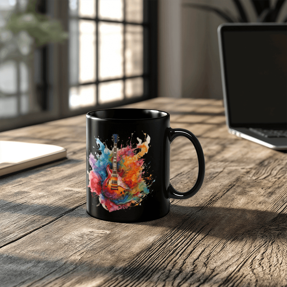 Vibrant Guitar Art 11oz Black Ceramic Mug – A Must-Have for Music Lovers