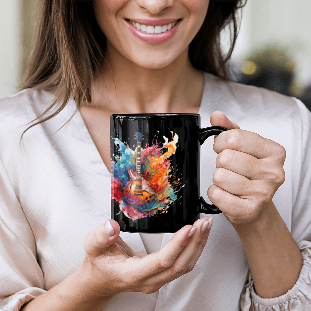 Vibrant Guitar Art 11oz Black Ceramic Mug – A Must-Have for Music Lovers