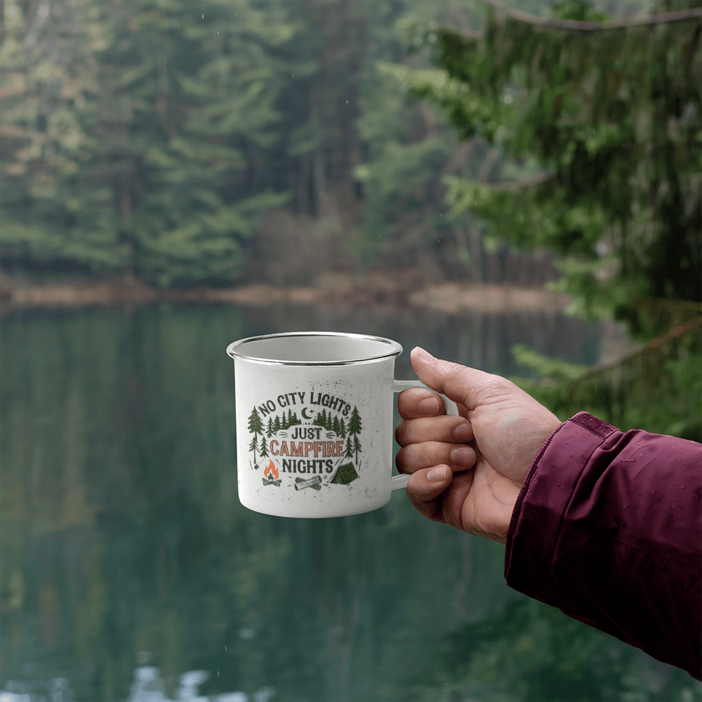 No City Lights Just Campfire Nights  12oz Enamel Camping Mug